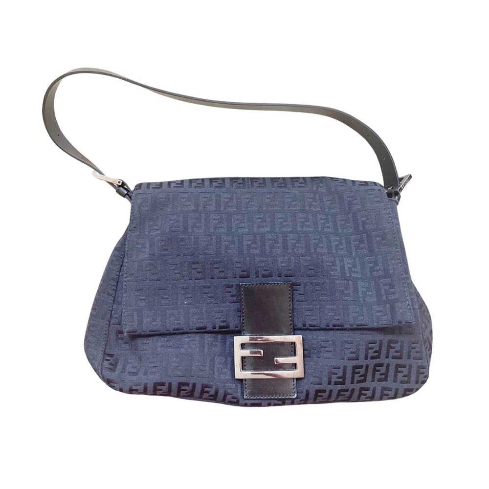 Fendi Black and Dark Grey Gunmetal Silver Monogram Mamma Baguette Cloth Handbag